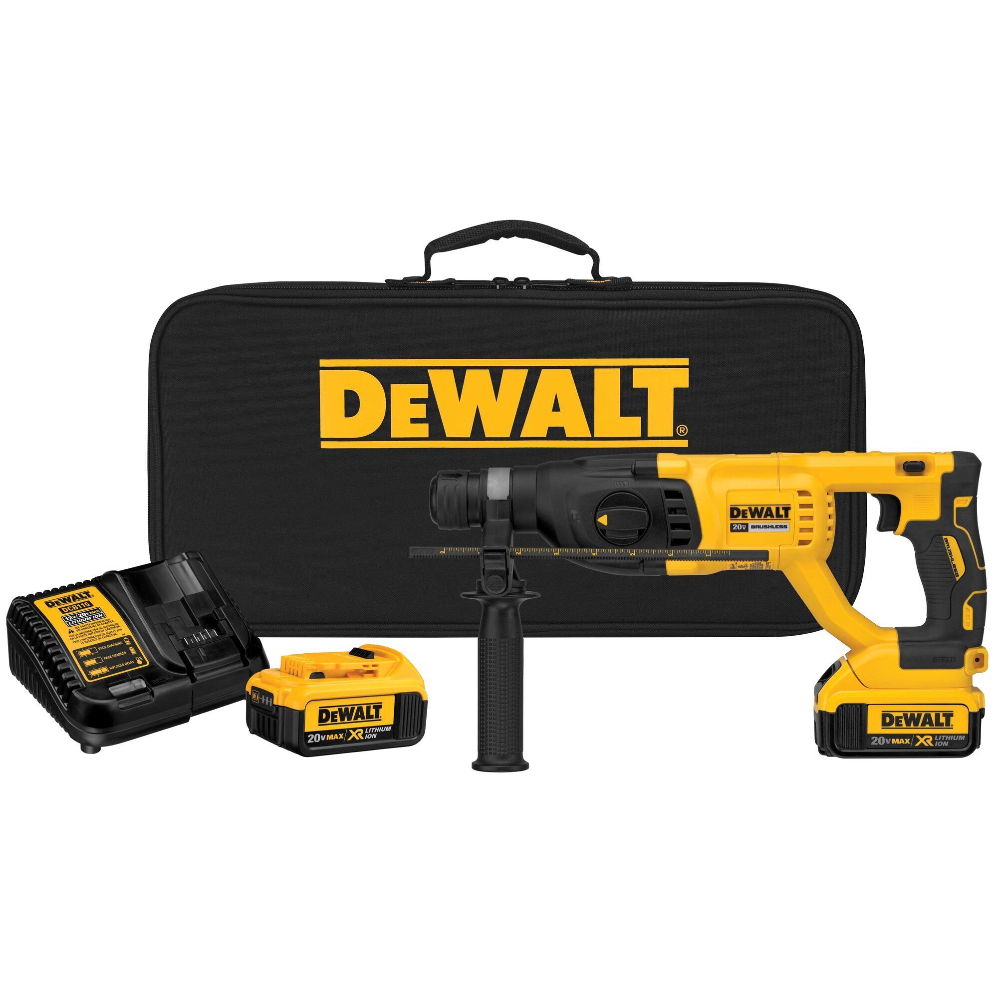 DEWALT 20V MAX Cordless Brushless SDS+ Rotary Hammer Drill Kit — 1in., 2.6 Joules, Includes 2 Lithium-Ion Batteries and Charger, Model# DCH133M2